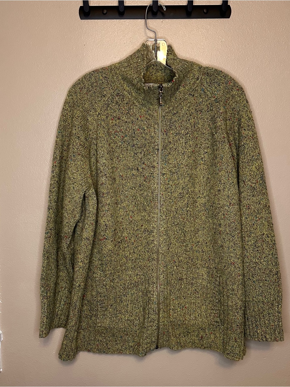 Evan Picone Olive Green Flecked Zip-Front Women's Cardigan